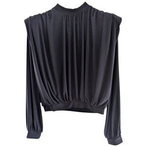 Express Black Ruched Blouse Top Padded Shoulder Long Sleeve Sz small